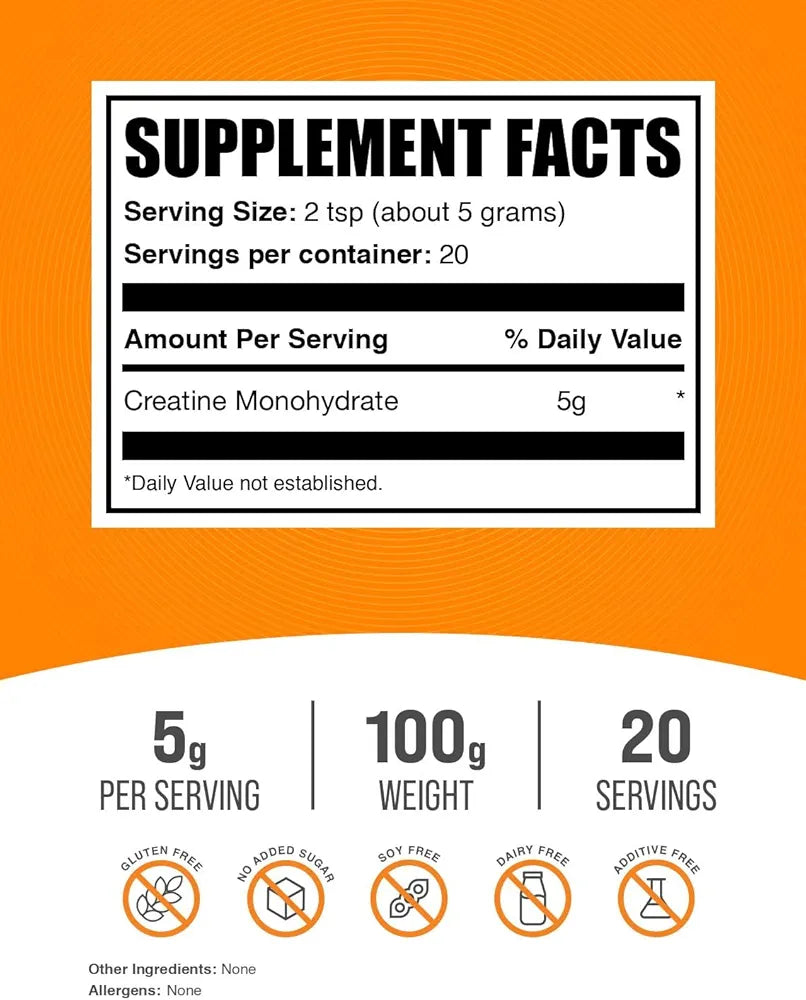 BulkSupplements.com Micronized Creatine Monohydrate Powder, Unflavored, Pure & Gluten-Free, 5g per Serving, 100g