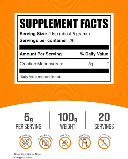 BulkSupplements.com Micronized Creatine Monohydrate Powder, Unflavored, Pure & Gluten-Free, 5g per Serving, 100g