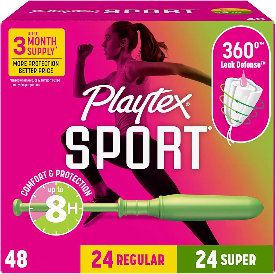 Playtex Sport Fragrance-Free Tampons Multipack, 48 Count (Regular and Super Absorbency) with 360 Leak Defense