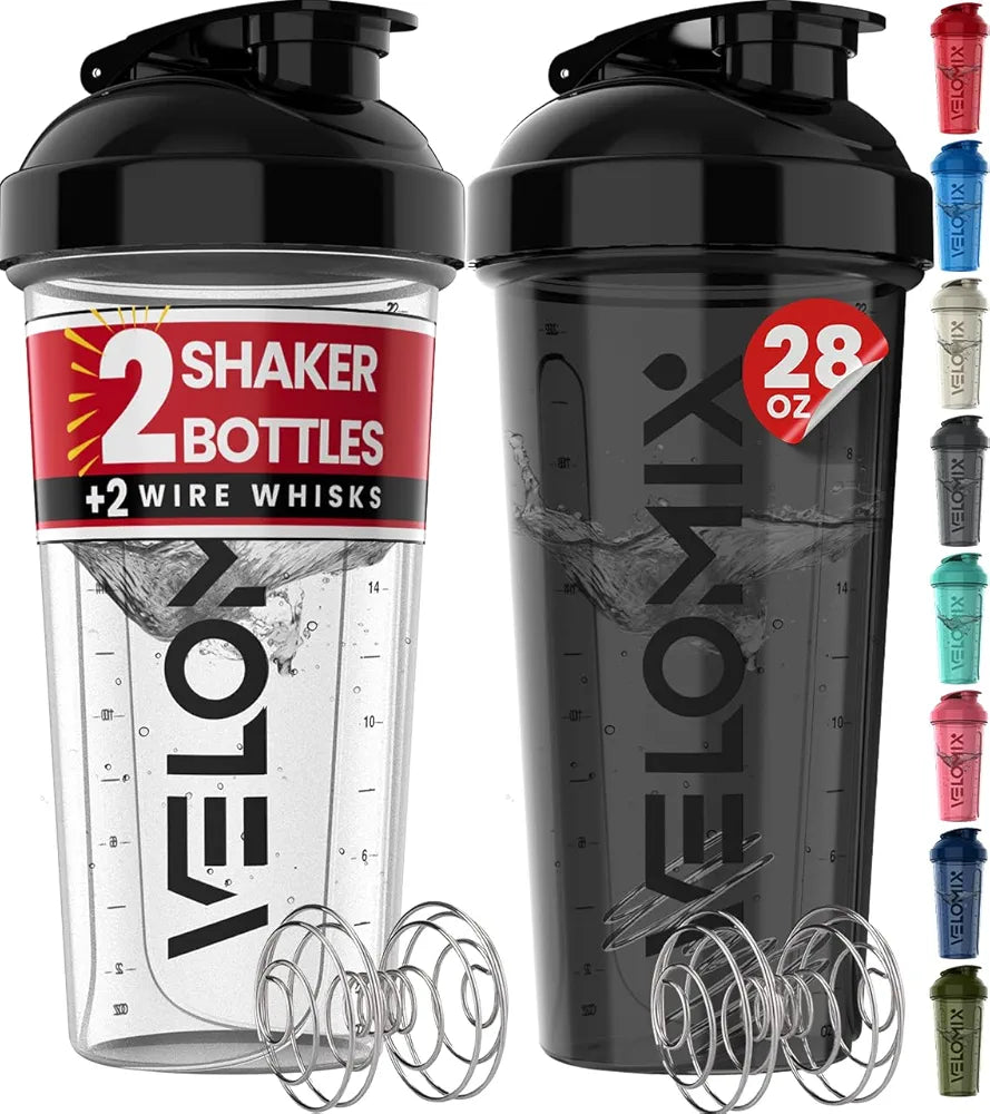 VELOMIX 28 oz Protein Shaker Bottles - 2 Pack with Wire Whisks - Leak-Proof BPA-Free Shaker Cups for Protein Shakes
