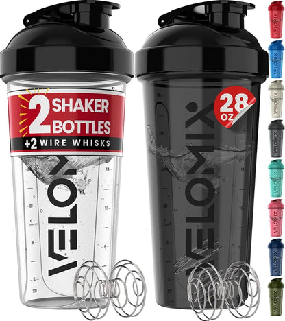 VELOMIX 28 oz Protein Shaker Bottles - 2 Pack with Wire Whisks - Leak-Proof BPA-Free Shaker Cups for Protein Shakes
