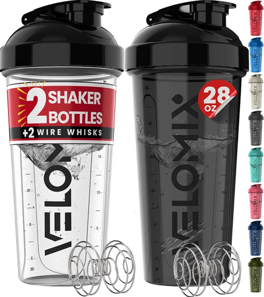 VELOMIX 28 oz Protein Shaker Bottles - 2 Pack with Wire Whisks - Leak-Proof BPA-Free Shaker Cups for Protein Shakes