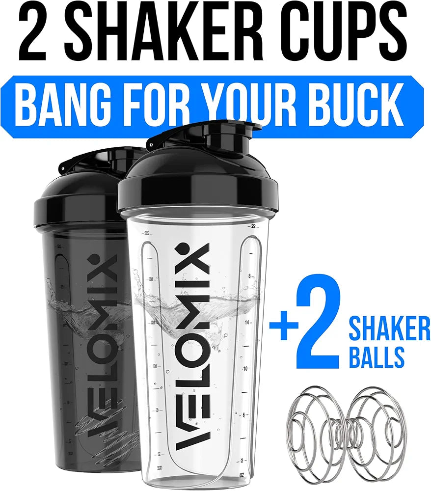 VELOMIX 28 oz Protein Shaker Bottles - 2 Pack with Wire Whisks - Leak-Proof BPA-Free Shaker Cups for Protein Shakes